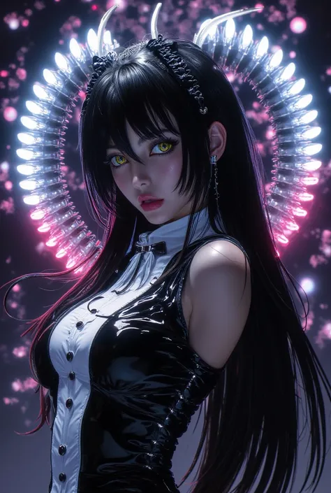 ((BLEACH ALBEDO 　The most beautiful face in the world, white sheep horns grow　)) Black Long Dress 　 beautiful black straight hair　 Groin Cut　 yellow eyes　Shines in neonタトゥー　 restraint　 sm play　 nsfw very sexy pose　 Groin Cut　Shines in neon悪魔の刀　Shines in ne...