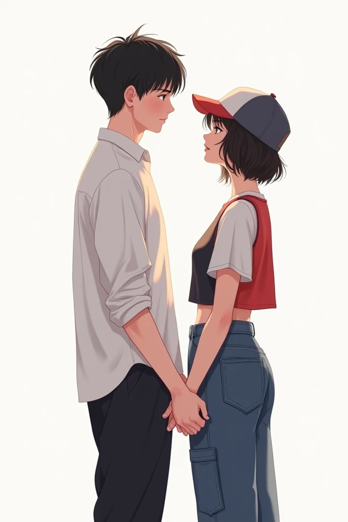 a romantic poster ,  a 25-year-old guy with black hair wearing a white shirt ,  wearing black pants and a girlfriend , They have their backs to each other she with short hair wearing a cap,  wearing a two-color cropped top and wearing long cargo pants, aes...