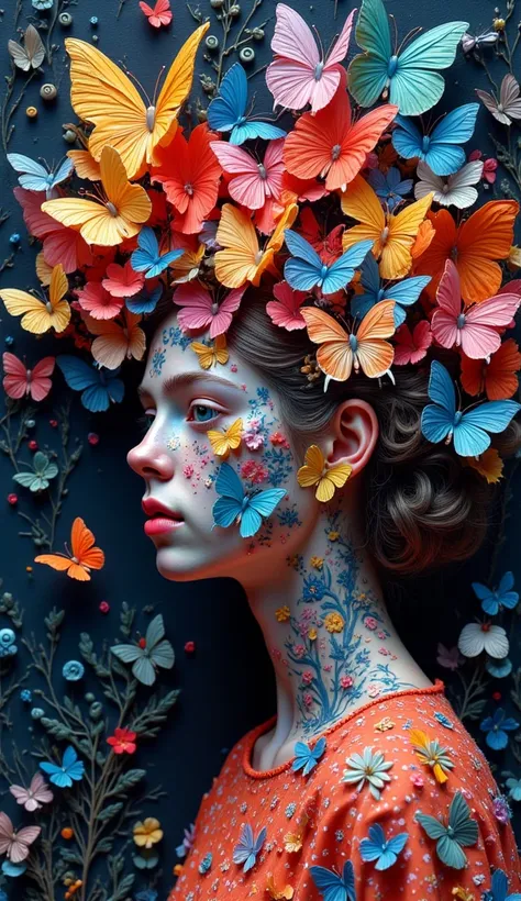 Girl in profile, her face and hair covered with butterflies made of chewed, colored paper, papier-mâché, fashion art, Relief composition in non-woven tapestry technique, surreal style, Johannes Itten style, Textured paste with veins of different colors cre...