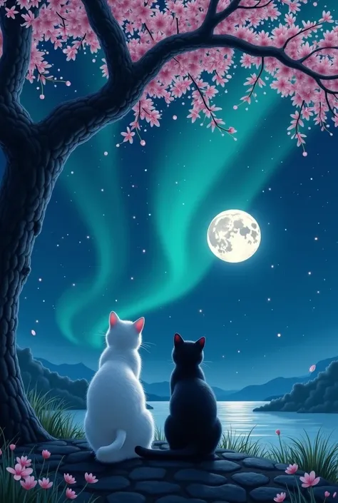  A background of the night with the full Moon and the Northern Lights as well as stars on the ground this is a white cat and a black cat watching the sky and there is also a cherry tree with falling flowers