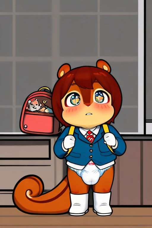 boy and girl, squirrel, furry, bodyfur, hair, tail, navy blazer, shirts, tie, bottomless, white gloves, boots, chibi, sparkling eyes, full body, blush, classroom, diapers, bulge, vinyl schoolchild’s backpack, school bag, couple, toddler, kindergarten