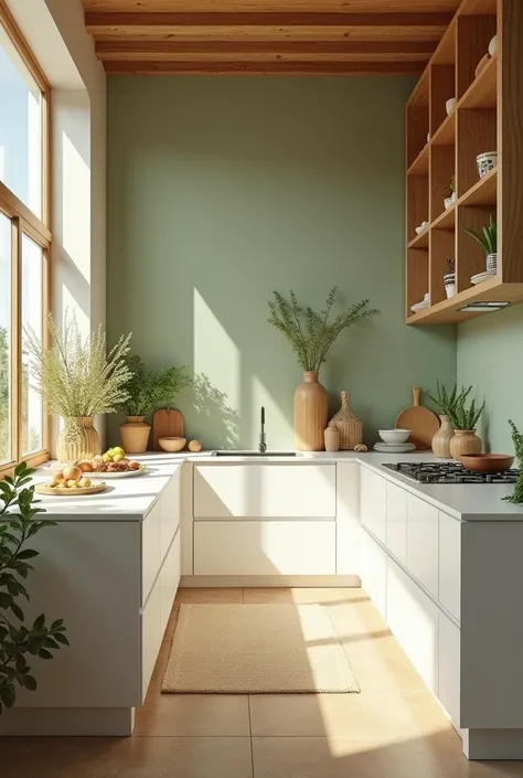 A small kitchen with a countertop for making pasta in the colors white with wood and moss green