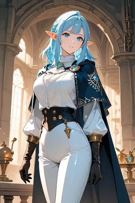 A beautiful and attractive elven paladin with short, shiny blue hair that falls to her shoulders. Her eyes are a brightlight blue. She wears a blue and white suit,black gloves. She also wears a white cape adorned with the emblem of the Kingdom of England. ...