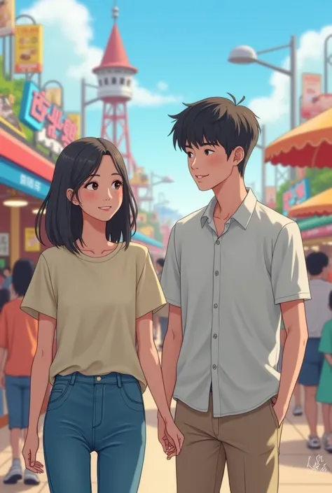  A Korean woman wearing a basic outfit,And a Korean man in a basic outfit , at an amusement park .