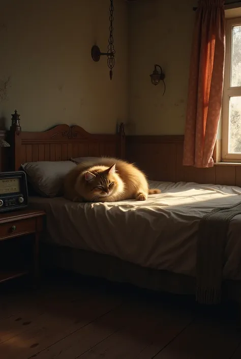 Make a dimly lit bedroom with an old Soviet renovation,let the cat rest peacefully on the bed