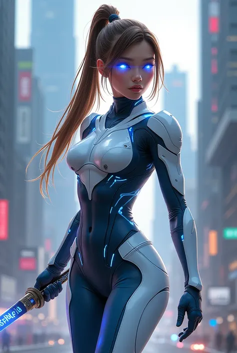 "4K quality, digital drawing mode, futuristic cyber samurai-themed female character, long brown hair tied in a sleek ponytail, glowing blue cyber-enhanced eyes, wearing a white and blue armored bodysuit with energy circuits running through it, holding a gl...