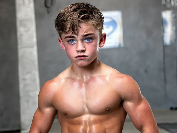 realistic twink , fourteen-year-old boy, Wrestler,   perfect face,  short hair ,  blue eyes, American,  athletic muscular body, tight big biceps, Doppel Bizeps Posing, armpits, Bodybuilder, knocked out on the floor, crying After Knockout im MMA, crying