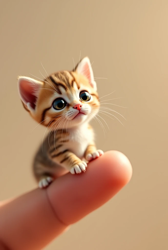 "A tiny kitten sitting gently on a human finger, looking curious and adorable."
