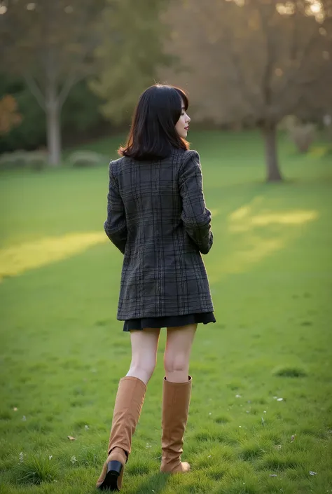 Best Quality, (Realistic Detailed), 16K, Ultra High Definition, High Resolution, Gentle Focus, Elegant, Full Body Portrait, (In a garden, an Asian pretty woman is standing on the grassland), medium hair, black, wearing in black-grey checkered velvet coat, ...