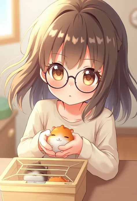 Anime girl with Glasses hold a hamster and putting him in cage