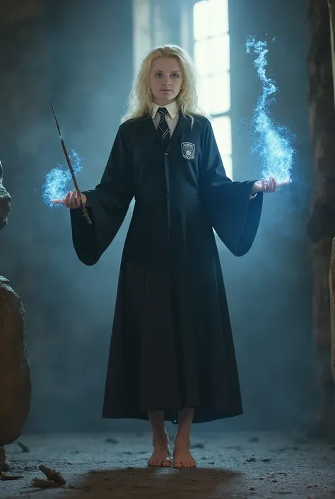 LunaLovegood, woman, blonde brushed hair, blue eyes, front view, wearing hogwarts uniform, holding a short wand, Flux written in the air with blue magic,  natural lighting, high-resolution, elegant and introspective atmosphere, quiet sophistication. score_...