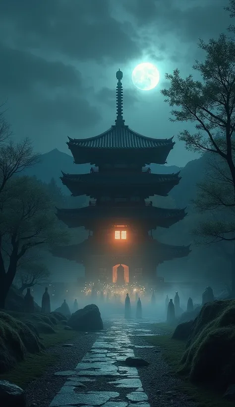  best image quality、An old Japanese temple in the middle of the night 、 There is a faint light inside the temple、Human souls flying around、 ghosts are wandering around 、Will o&#39; Wisp