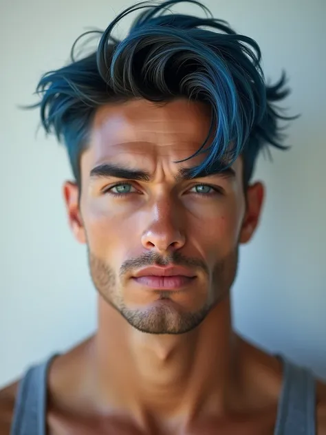 A highly photorealistic image of a handsome male influencer with a chiseled jawline, high cheekbones, and symmetrical facial features. He has flawless, glowing skin, showcasing a perfect skincare routine. His hair is blue in color, stylishly tousled, mediu...