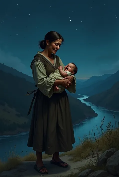 Now create the same peasant woman on a hill next to a river with a baby in her arms at night and the baby crying