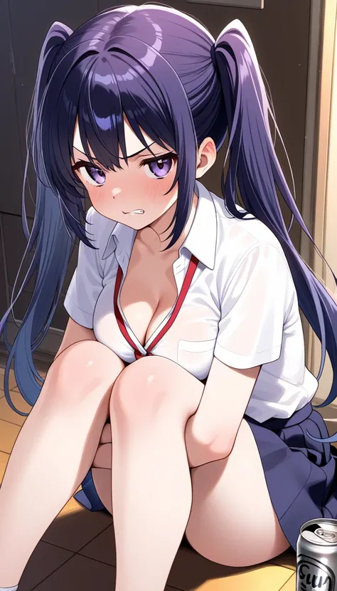  twin tails on legs、 cleavage、 slightly angry face、Can you open my chest and show it to me、 school uniform