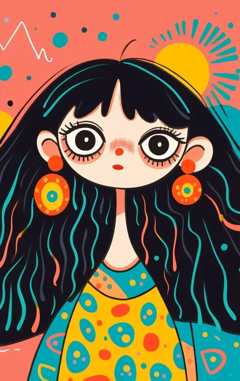 Exaggerated performance techniques，Picasso Art Style：1.37.Flat wind，vector，ish art cartoon，Cartoon Girl,Big eyes，Cute expression，Exaggerated hair，Minimalism，Lovely art style, Colorful! Digital illustration style, The Art of Mathematics. Colorful comic, Han...