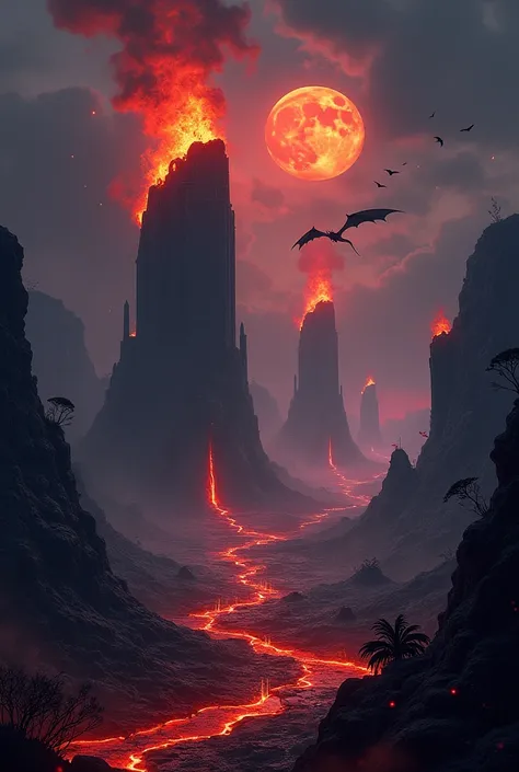  Here is a depiction of a dark fantasy landscape with towers 

Under a dark, cloud-covered sky, huge towers of fire rise on the horizon. These towers are huge structures built of black stone, with flames shooting out of them and curving towards the sky. Th...