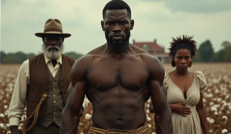  A realistic and highly detailed image in historical pictorial style ,  set in the period of slavery in the 19th century United States .  At the center of the scene is a muscular black man with a determined and intense expression,  the face marked by fatig...