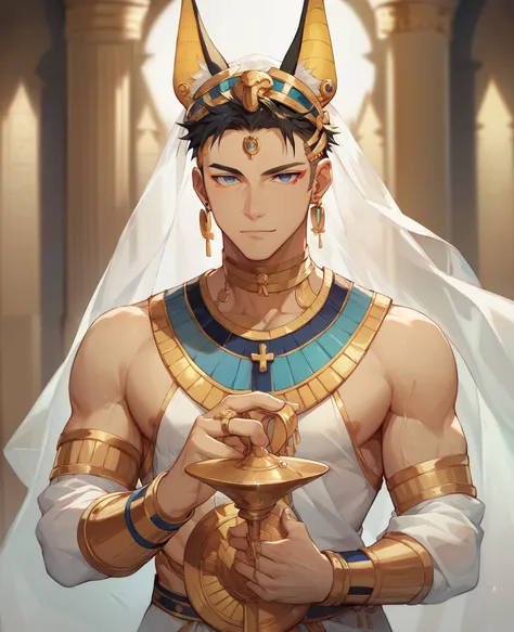  A realistic image of Choi Beomgyu dressed in a white Egyptian suit with gold details, a transparent veil and holding a peony in his hand., He wears jewelry on his head and on his wrists 