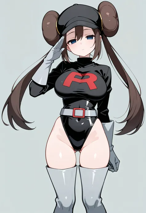 masterpiece, best quality, amazing quality, absurdres, anime coloring, large breasts, null

1girl, solo, thighhighs, gloves, hat, leotard, boots, belt, black leotard, black headwear, thigh boots, grey footwear, grey gloves, team rocket, team rocket leotard...