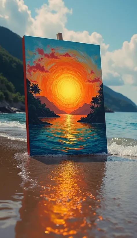  On the shore , A canvas appeared with a bright sun painted so intensely that it seemed to radiate heat. 