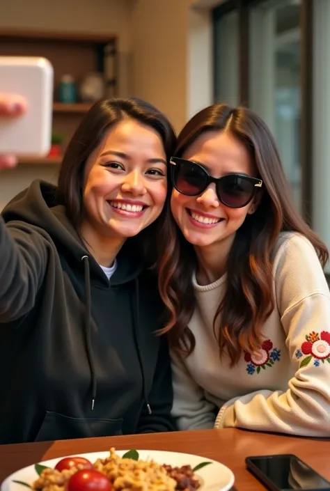 In a disney 3d pixel, two young women taking a selfie together, both smiling brightly. The person in the foreground is extending their arm to capture the shot, wearing a dark-colored hoodie. The person in the background is wearing a white sweater with flor...