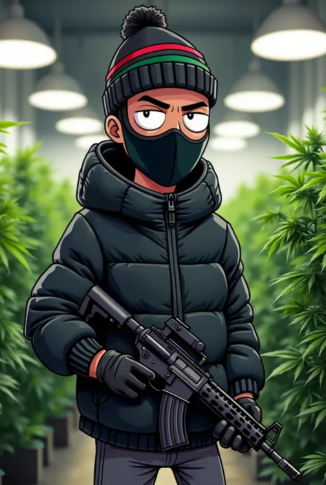 A realistic cartoon-style illustration of a Richard Daniel Sanchez from rick and morty, wearing a black puffer jacket, gray tracksuit, and a Gucci-style beanie with red and green stripes. His face is partially covered with a black mask, leaving only his in...