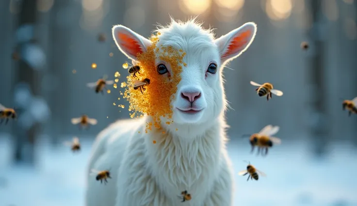 Superman and A white goat standing in a snowy landscape, its face partially covered with a honeycomb-like structure, with bees swarming around it. The goat's fur is thick and fluffy, and its expression appears calm yet curious. The honeycomb structure blen...