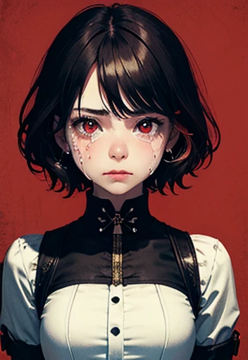  high quality, steampunk,girl,crying,1.5,gun,Bright red background,tears, Red Eye, red eyes,8k,disease