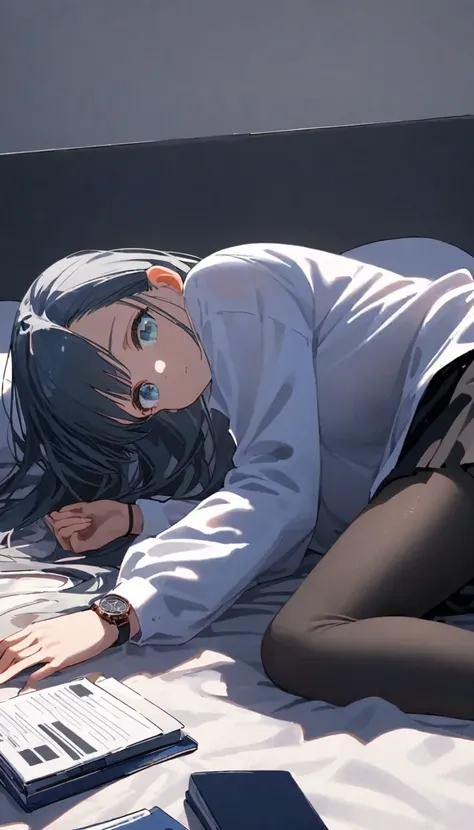 , Alone,  lies, ,  on the bed, 屋内で,  lies  on the bed,  black tights,  long hair,   Asymmetric Bangs  , file, oversized long sleeve white shirt,   see-through shirt ,  Watch Viewers , from below, Lying down with one knee up