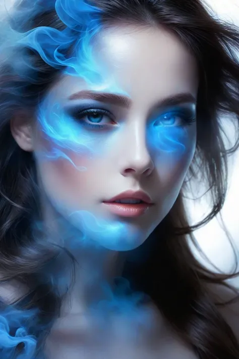 from a cloud of blue smoke, a beautiful face full of mystical aura appeared