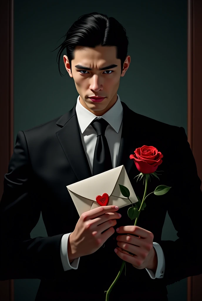 Anime mafia guy wearing suit ,black shirt hair,hold an envelope with heart shape and a Rose , while he's looking away