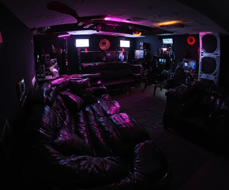 Full panoramic view of scene from below, RAW amateur selfie photo, high resolution, huge inflated sofa with some inflated cushions and fluffy puffer made of shiny black rubber, the texture of the sofa is very shiny and wet detailed, inside a room illuminat...