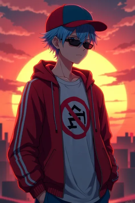  Adult anime boy with light blue hair and wearing a red and blue cap,  with prohibition symbol on the white shirt, with a red jacket with white stripes and with sunglasses, watching the sunset  🌇