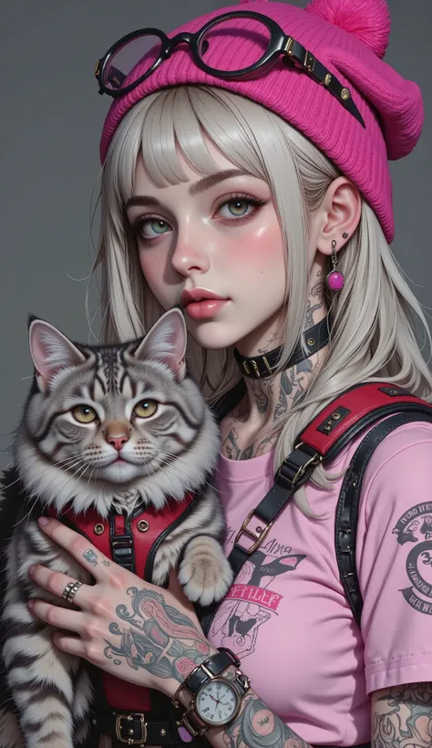 A girl with ash-white hair, aged 20, of European appearance, with expressive features and noticeable freckles.  She's wearing a stylized fuchsia beanie hat with cat ears. Large steampunk glasses are worn on top of the hat. Incredibly beautiful almond-shape...