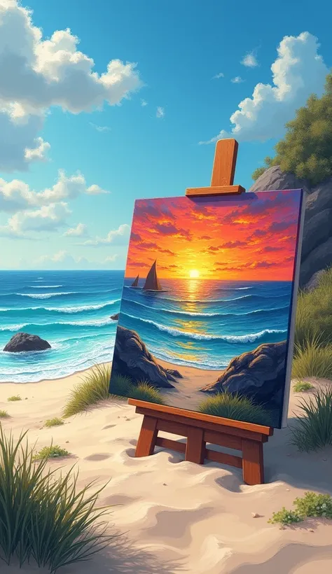 On the seashore in the sand is a painting of a canvas of a sea with a beautiful sunset painted with spots.  without people.
