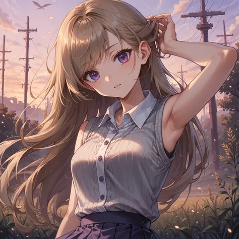 ((Masterpiece, best quality)), JK, intricate details, hand behind head, light freckles, long light brown hair, purple eyes, ribbed gray vest, sleeveless white collared shirt, purple pleaded skirt, ((long swept bangs)), tall weeds, fliers, hair blowing in w...