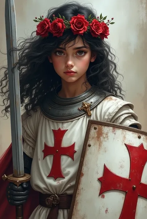 Get a dark-haired boy , strong, high, 20 years old, with long curly black hair with light brown eyes, with a crown of thorns with roses on her head, dressed in a white tunic with a Templar cross on her chest, And with garter armor, together with his sword ...