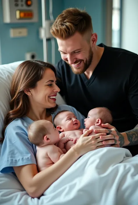 Beautiful photo of a woman with long brown hair wearing a hospital gown in a 
 Hospital room lying in bed with triplets in her lap a boy and two babies and a muscular man with a big body muscular blond and tattooed muscular chest with a long sleeve black d...