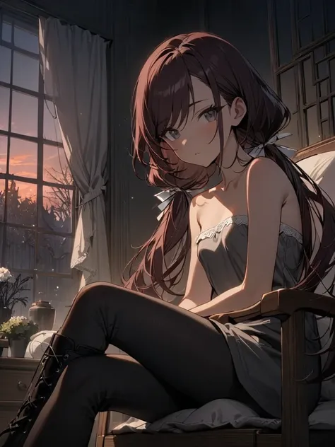 ((Masterpiece, best quality)), Jk, intricate details, 1girl, solo, close up, sitting on wooden chair, knitting pillow case, needles, ((long hair in low twin tails)), gray eyes, dark red hair,  (((long swept bangs))), thin, close up, small breasts, slightly...