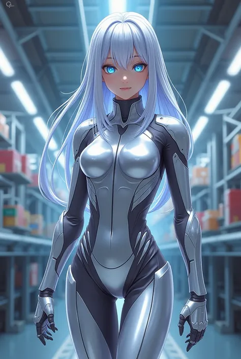 "4K anime style quality, digital drawing mode, aluminum-themed female character, long silver hair that reflects light like polished metal, glowing blue-silver eyes, wearing a sleek, lightweight silver armor with a flexible metallic texture, standing in a h...