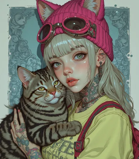 A girl with ash-white hair, aged 20, of European appearance, with expressive features and noticeable freckles.  She's wearing a stylized fuchsia beanie hat with cat ears. Large steampunk glasses are worn on top of the hat. Incredibly beautiful almond-shape...