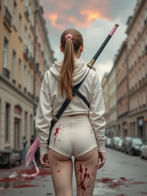 Realistic, masterpiece, ultra-detailed, full body in picture, Young girl ninja, small butt, skinny, short, in the distance, facing away from viewer, full body picture, girl is focal point, two handed ninja sword strapped on back, hilt is upward, hilt has p...