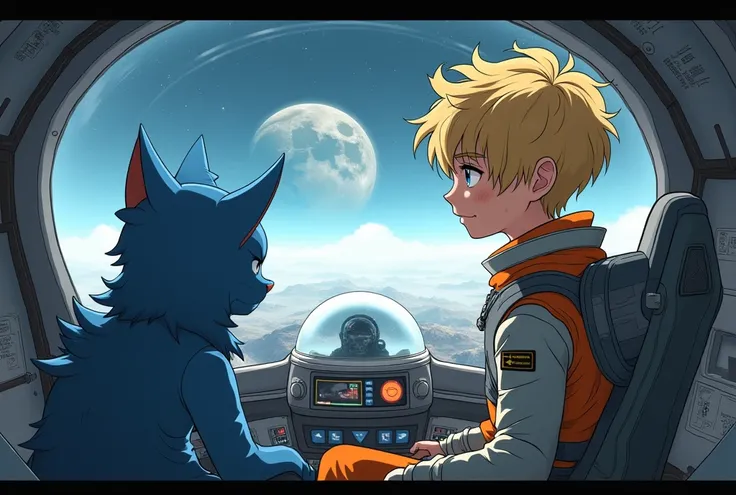 Liam,  boy, pale-skin, with messy golden blonde hair and freckles, clothes: a gray spacesuit with orange accents, futuristic spaceship cockpit with two pilots seated at the controls, The second pilot, seated to the left, a sleek blue, 4 feet furry cat robo...