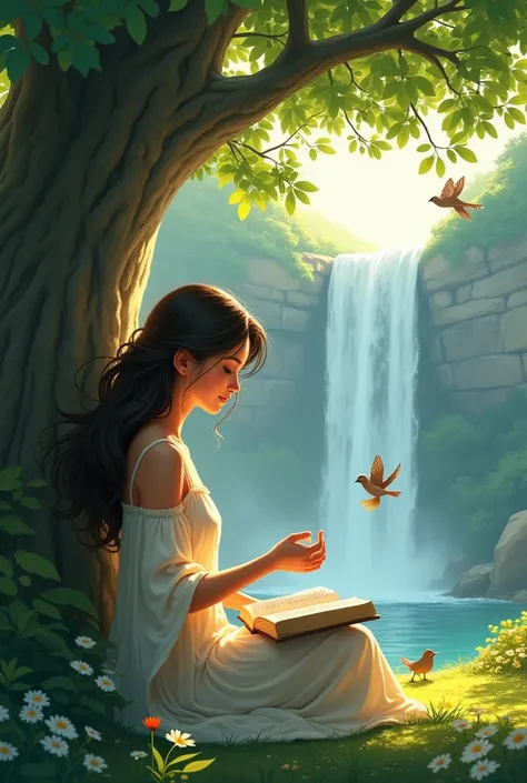 Animated landscape with birds, a pretty girl reading the Bible under a leafy tree and listening to the sound of beautiful waterfalls 