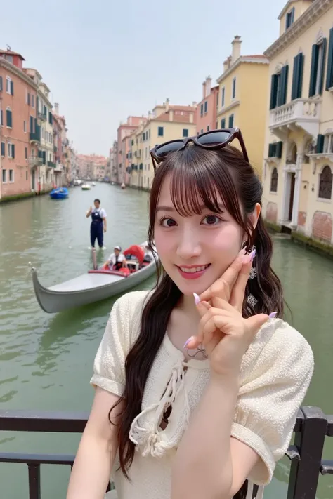 "A Japanese woman exploring the picturesque canals of Venice, Italy. She is wearing a stylish summer dress, sunglasses, and a light scarf, standing near a gondola as it glides through the serene water. The historic Venetian buildings with their intricate a...