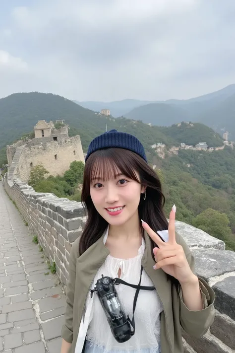 "A Japanese woman standing on the Great Wall of China, gazing out over the vast, scenic landscape. She is wearing a comfortable travel outfit, a light jacket, and a hat to protect herself from the sun. The ancient stone wall stretches across the rugged mou...