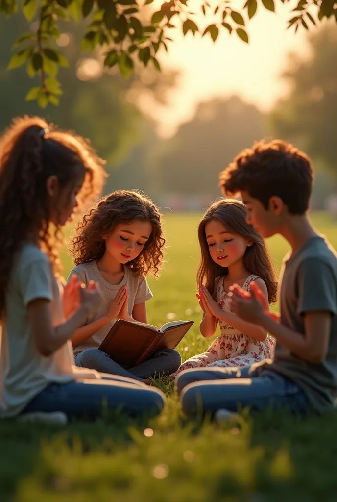 Realistic doll In a quiet corner of the park,  A group of young Christians is gathered in prayer ,  forming a small circle in the grass .  With their heads tilted and hands held ,  they connect in a moment of faith and unity .  Some have their eyes closed ...