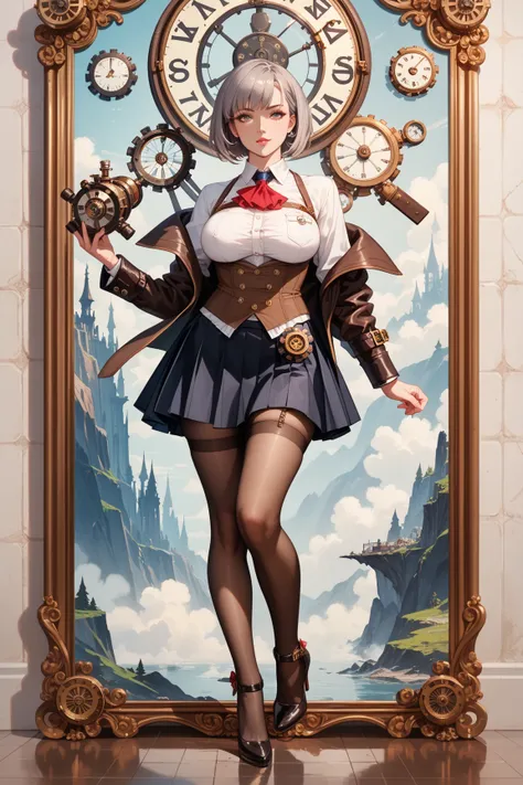 ((( steampunk))), Ultra Realistic 8K Siege , picture- perfect face , flawless, clean,  Masterpiece, Professional artwork,  famous works of art ,  perfect face ,  beautiful face, beautiful eye, (( perfect woman's body)), big breasts, Alone,, , skirt by humi...