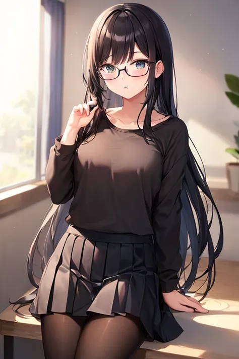 Long black hair, bangs, glasses, black t-shirt, black pleated skirt, pantyhose